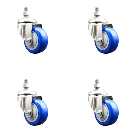 Service Caster 3 Inch 316SS Blue Polyurethane Wheel Swivel 1/2 Inch Threaded Stem Caster Set SCC SCC-SS316TS20S314-PPUB-BLUE-121315-4